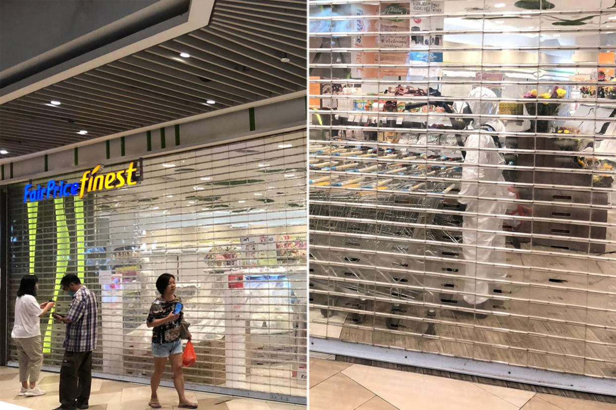 Pictures circulating over social media on Wednesday (1 April) showed workers in protective suits inside the FairPrice Finest outlet at Bedok Mall. 