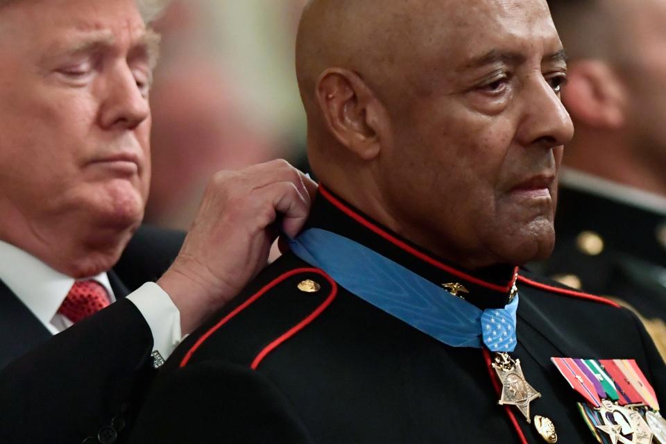 Donald Trump presents the Medal of Honor to US Marine Corps retired Sgt. Maj. John Canley