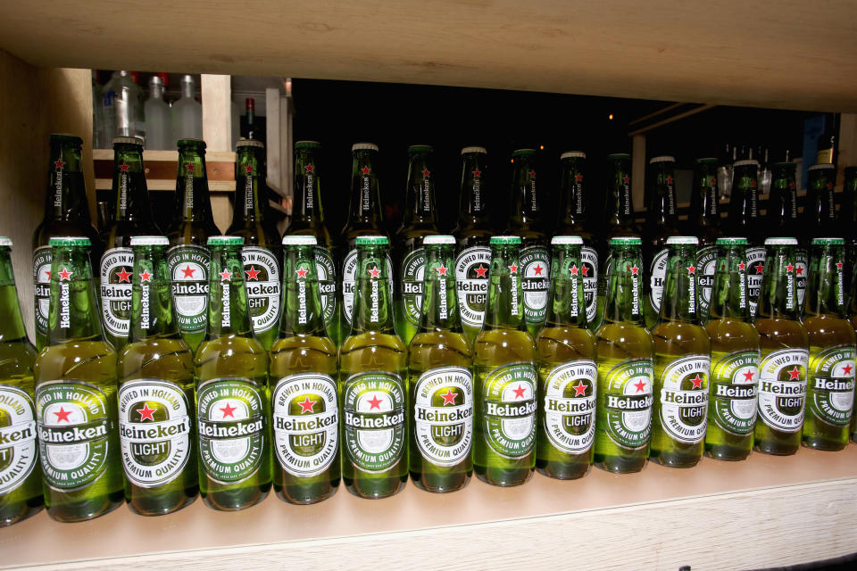 WEST HOLLYWOOD, CA - FEBRUARY 12:  Heineken bottles on display at a celebration of music with Republic Records, in partnership with Absolut and Pryma, at Catch LA on February 12, 2017 in West Hollywood, California.  (Photo by Rachel Murray/Getty Images for Republic Records)