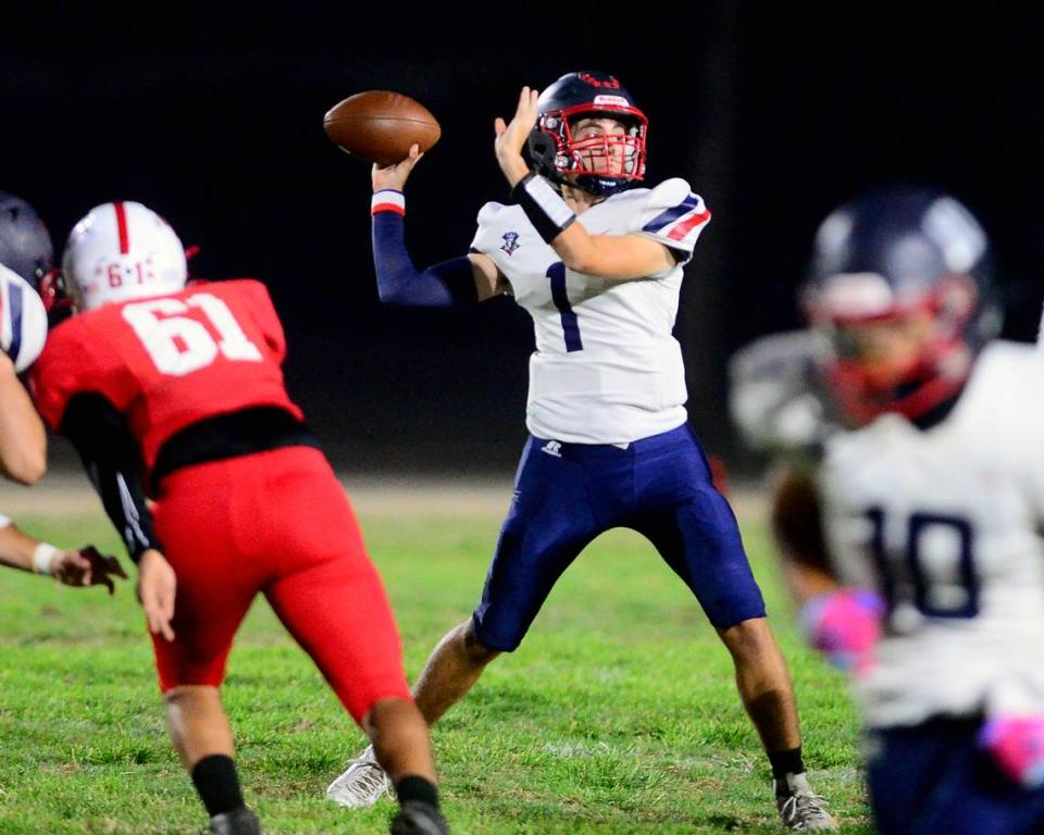 Beyer quarterback Nolan Foehringer (1) throws a ball to the flat during a game between Ceres and Beyer at Ceres High School in Ceres California on September 22, 2023.