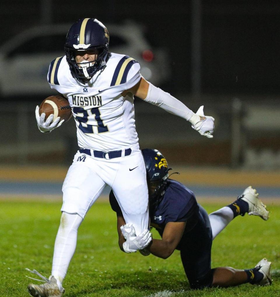 Drew Harrigan is brought down by Bohdan Armstrong. Arroyo Grande beat Mission Prep 10-3 in a high school football game on Oct. 13, 2023.