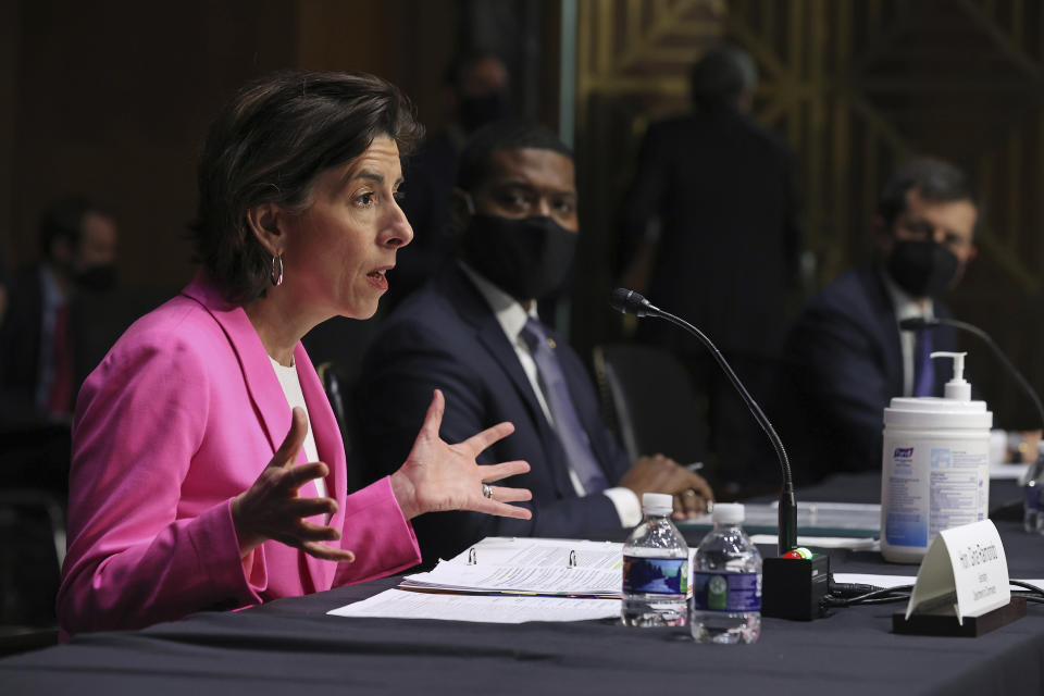 Commerce Secretary Gina Raimondo testifies during a Senate Appropriations Committee hearing on Capitol Hill, Tuesday, April 20, 2021 in Washington. (Chip Somodevilla/Pool via AP)