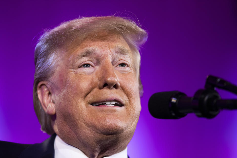 President Donald Trump speaks at the Values Voter Summit in Washington, Saturday, Oct. 12, 2019. (AP Photo/Manuel Balce Ceneta)