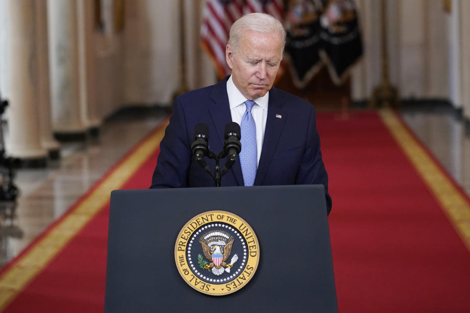 President Joe Biden finishes speaking about the end of the war in Afghanistan from the State Dining Room of the White House, Tuesday, Aug. 31, 2021, in Washington. (AP Photo/Evan Vucci)