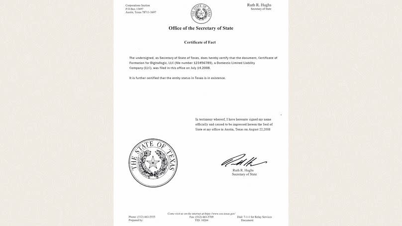 Digital Logic's fake Certificate of Fact indicated file number 123456789 and an incorporation in Texas on July 14, 2008.