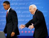 FILE PHOTO: John McCain reacts to almost heading the wrong way off the stage after shaking hands with Obama at the conclusion of their final 2008 presidential debat