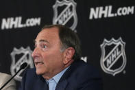 NHL Commissioner Gary Bettman speaks at a news conference regarding a provision for Arizona to get an expansion team if a new arena is built within the next five years with the announcement of the current team relocating to Salt Lake City Friday, April 19, 2024, in Phoenix. The Arizona Coyotes are officially headed to Salt Lake City after NHL Board of Governors voted Thursday to approve a $1.2 billion sale from Alex Meruelo to Utah Jazz owner Ryan Smith, with Meruelo retaining the Coyotes' name, logo and trademark. (AP Photo/Ross D. Franklin)