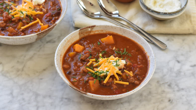 turkey and butternut squash chili in ceramic bowl