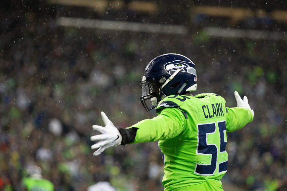 SEATTLE, WA - DECEMBER 10: Seattle Seahawks defensive end Frank Clark (55) celebrates in the second quarter during a game between the Minnesota Vikings and the Seattle Seahawks on Monday, December 10, 2018 at CenturyLink Field in Seattle, WA. (Photo by Christopher Mast/Icon Sportswire via Getty Images)