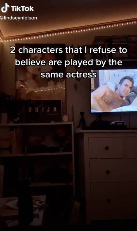 TikTok screen with "2 characters that I refuse to believe are played by the same actress"