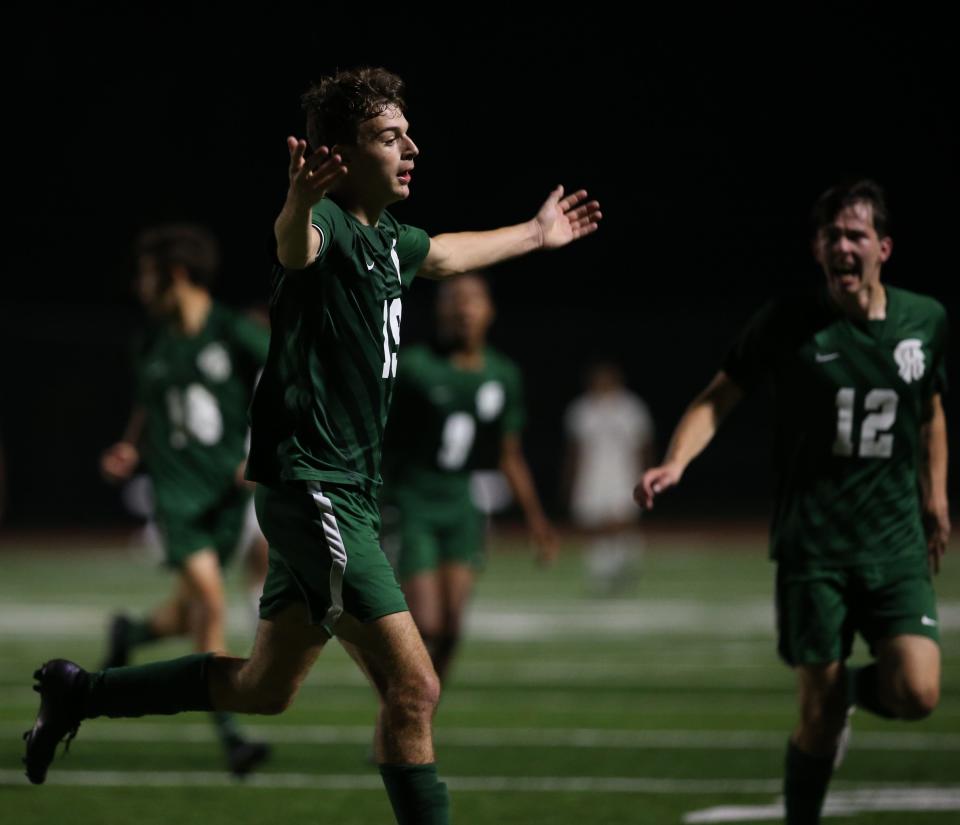 Spackenkill's Dylan Updyke celebrates his second goal during Thursday's Section 9 Class B semifinal versus O'Neill on October 26, 2023.