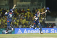 Lucknow Super Giants' Marcus Stoinis, right, celebrates after scoring the winning runs in the Indian Premier League cricket match between Chennai Super Kings and Lucknow Super Giants in Chennai, India, Tuesday, April 23, 2024. (AP Photo/R.Parthiban)