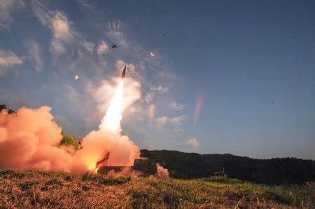 South Korean troops fire Hyunmoo Missile into the waters of the East Sea at a military exercise in South Korea September 4, 2017. Defense Ministry/Yonhap/via REUTERS