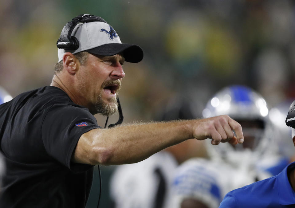 GREEN BAY, WISCONSIN - SEPTEMBER 20: Head coach Dan Campbell of the Detroit Lions reacts against the Green Bay Packers during the second half at Lambeau Field on September 20, 2021 in Green Bay, Wisconsin. (Photo by Wesley Hitt/Getty Images)