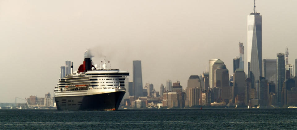 This image released by HBO Max shows the Queen Mary 2 ocean liner in a scene from "Let Them All Talk." Director Steven Soderbergh likes to call it "the boat movie." The central conceit of his new HBO Max film was to film it mostly on an eight-day Transatlantic crossing on the Queen Mary 2 ocean liner. Along with the cast of Meryl Streep, Dianne Wiest and Candice Bergen, Soderbergh used the passengers as extras and the ship as a $750 million movie set. (Peter Andrews/HBO Max via AP)