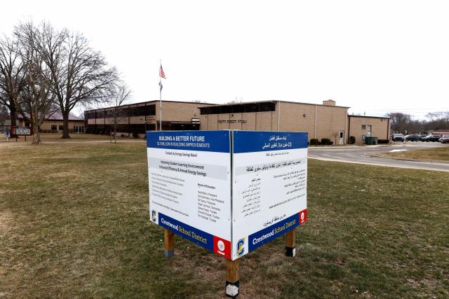A sign in front of Highview Elementary in the Crestwood School District in Dearborn Heights on Friday, March 17, 2023, talks about the improvements going on at the school. The school district is in the middle of spending more than $6 million in COVID relief funds to build new classrooms.