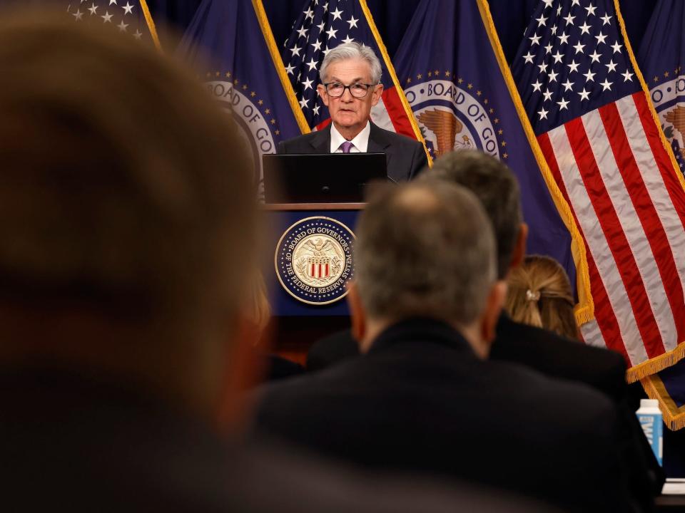 Federal Reserve Chair Jerome Powell talks at a news conference