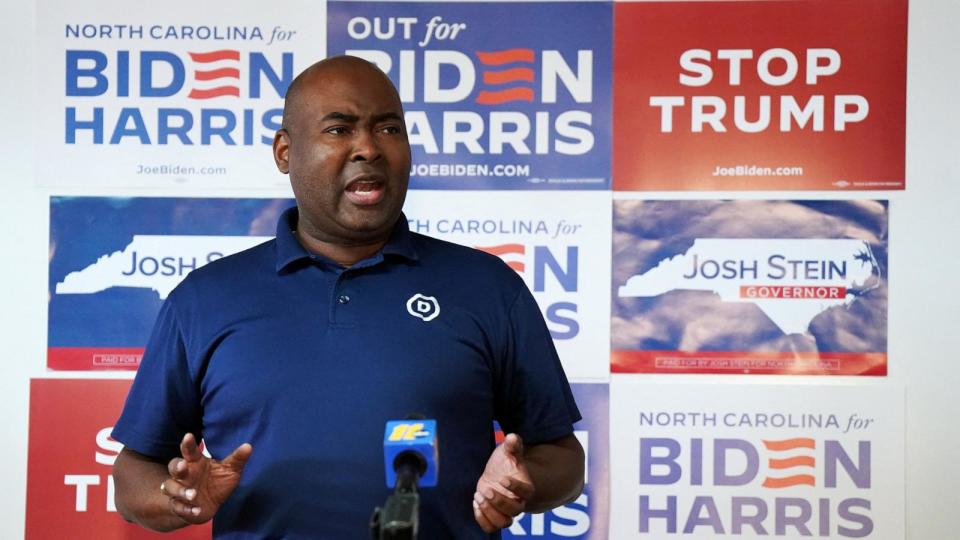 PHOTO: Democratic National Committee Chair Jaime Harrison speaks during a trip across eastern North Carolina to engage with rural and Black voters, at NC Coordinated Campaign in Smithfield, N.C., May 24, 2024.   (Allison Joyce/Reuters)