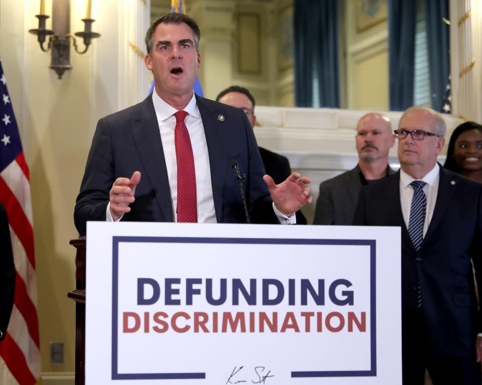 Oklahoma Gov. Kevin Stitt speaks before signing an executive order in 2023 in the Blue Room at the state Capitol.