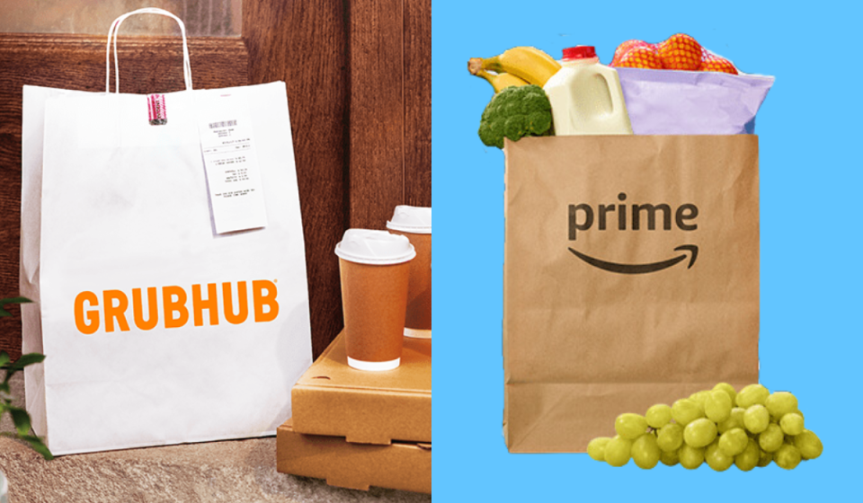 a white grubhub delivery bag / an amazon prime bag full of groceries