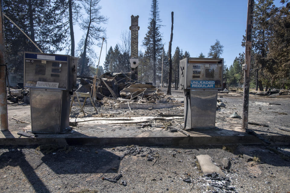 A service station is destroyed Tuesday after Malden, Washington, is overrun by wildfire. High winds kicked up flames across the Pacific Northwest on Monday and Tuesday, burning hundreds of thousands of acres.  (Photo: Jed Conklin/ASSOCIATED PRESS)