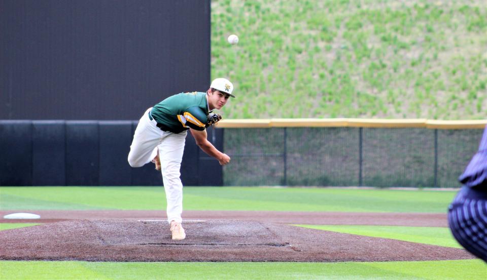Roy Higinbotham of Pueblo County tosses a pitch against Severance High School in Game 2 of the CHSAA Class 4A state baseball tournament held at UCCS on May 26, 2023.