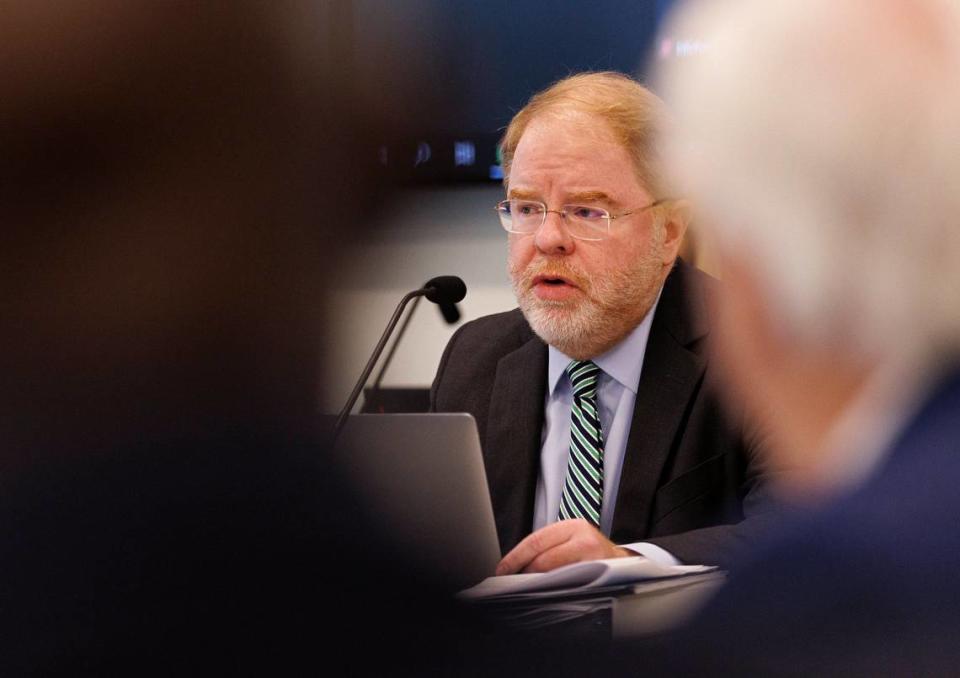 UNC System President Peter Hans speaks during a meeting of the UNC System Board of Governors on Thursday, Feb. 29, 2024, in Raleigh, N.C.