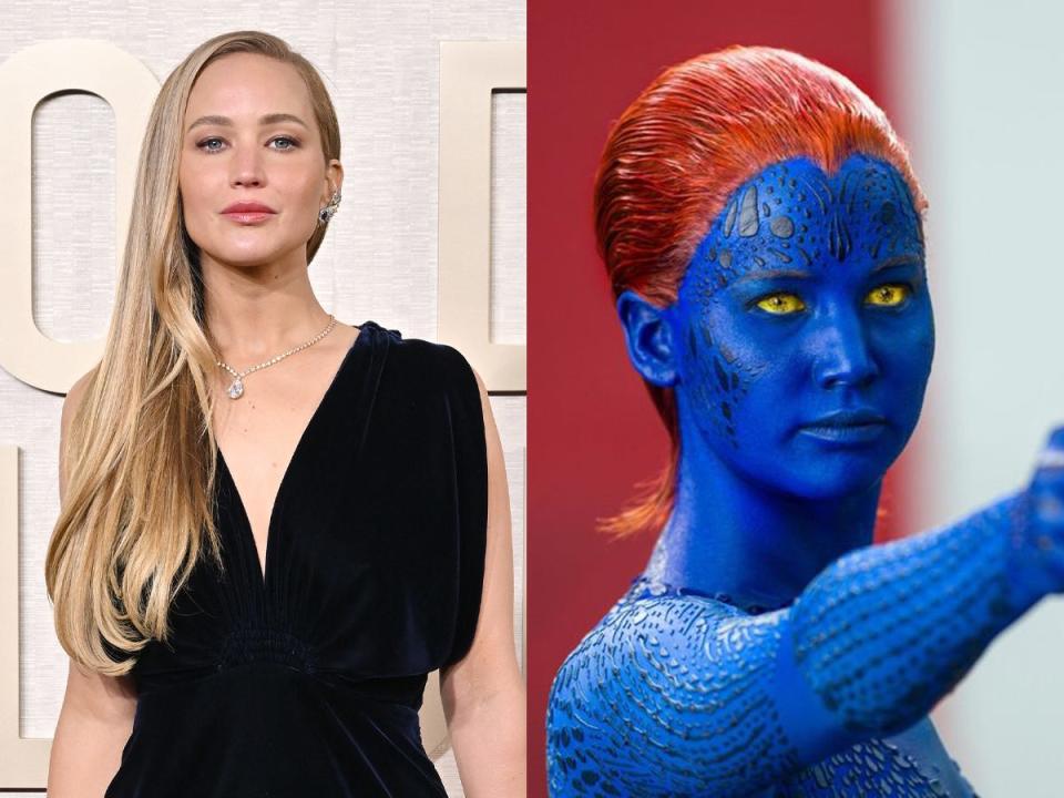 Jennifer Lawrence at the 81st Annual Golden Globe Awards, and as Mystique in "X-Men: Days of Future Past."