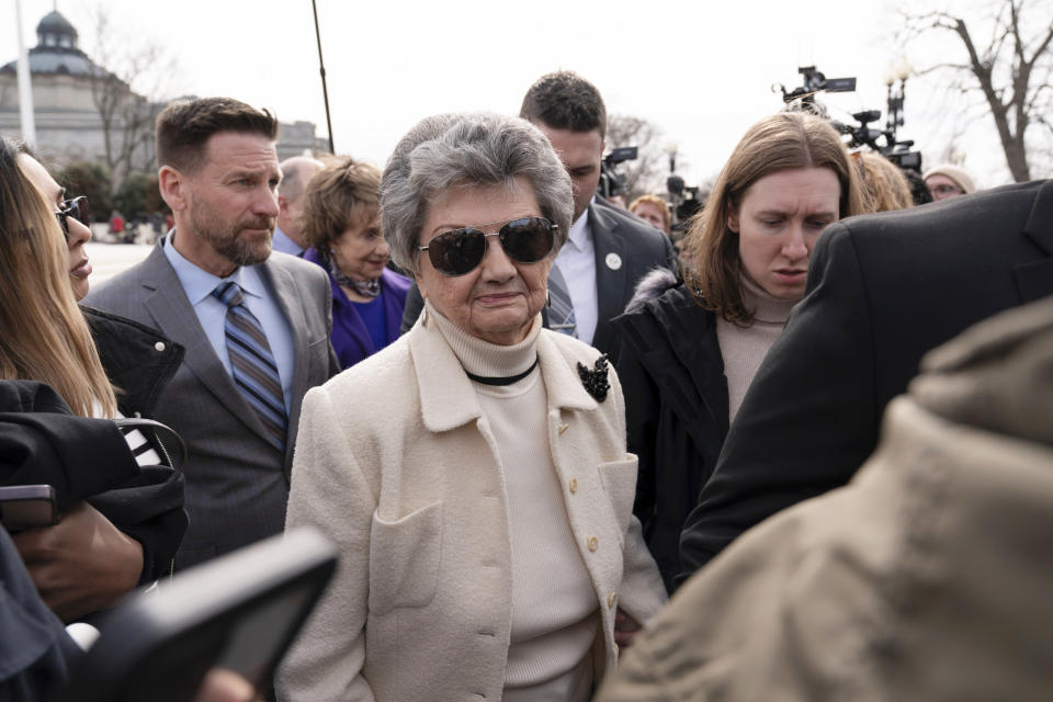 Colorado lead plaintiff Norma Anderson, leaves after speaking to the media after the court hearing outside of the U.S. Supreme Court, Thursday, Feb. 8, 2024, in Washington. (AP Photo/Jose Luis Magana)