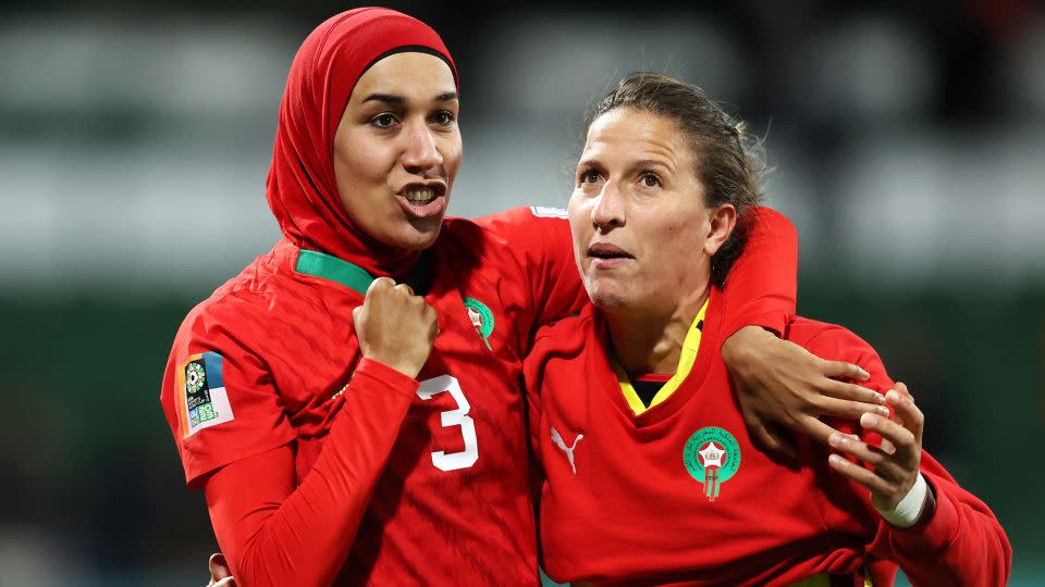 Nouhaila Benzina and Najat Badri of Morocco celebrate after the 1-0 victory in the FIFA Women's World Cup match between Morocco and Colombia. - Paul Kane/Getty Images