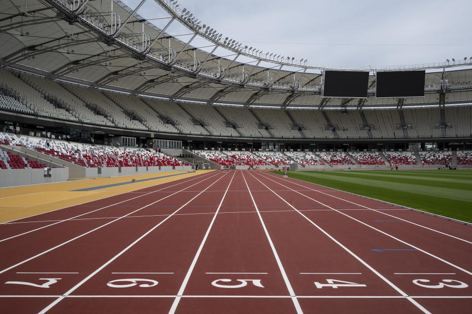 A view of the home straight of Budapest's National Athletics Centre, on Wednesday, Aug. 9, 2023. The National Athletics Centre will be the main venue for the World Athletics Championships in Budapest from 19-27 August 2023. (AP Photo/Denes Erdos)