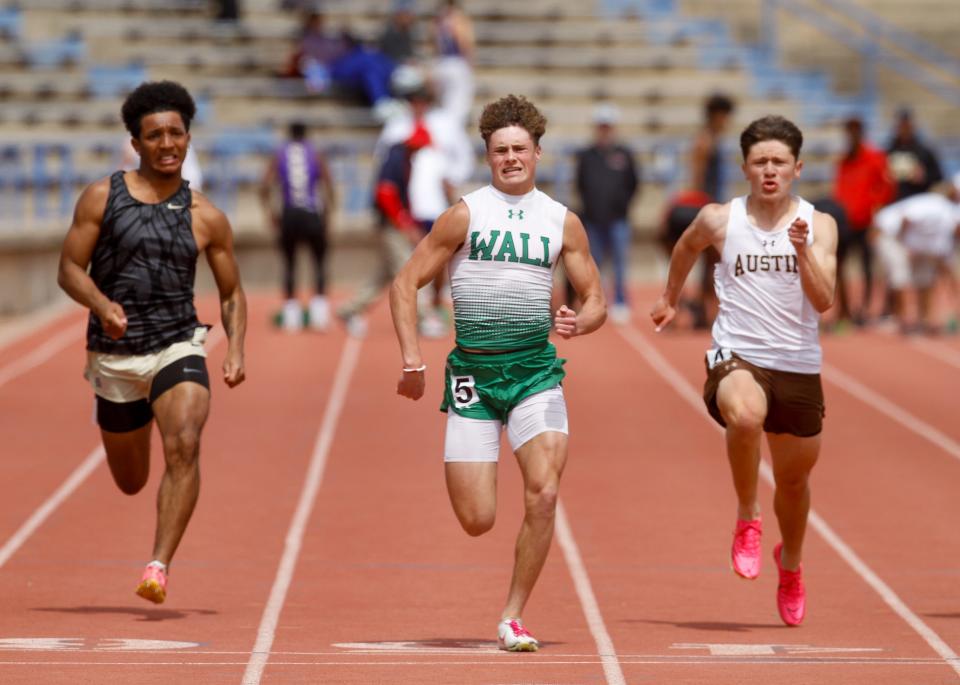 Wall's Briggs Jones competes in the Division II 100 meter dash at the 65th San Angelo Relays at San Angelo Stadium on March 22 and 23, 2024.
