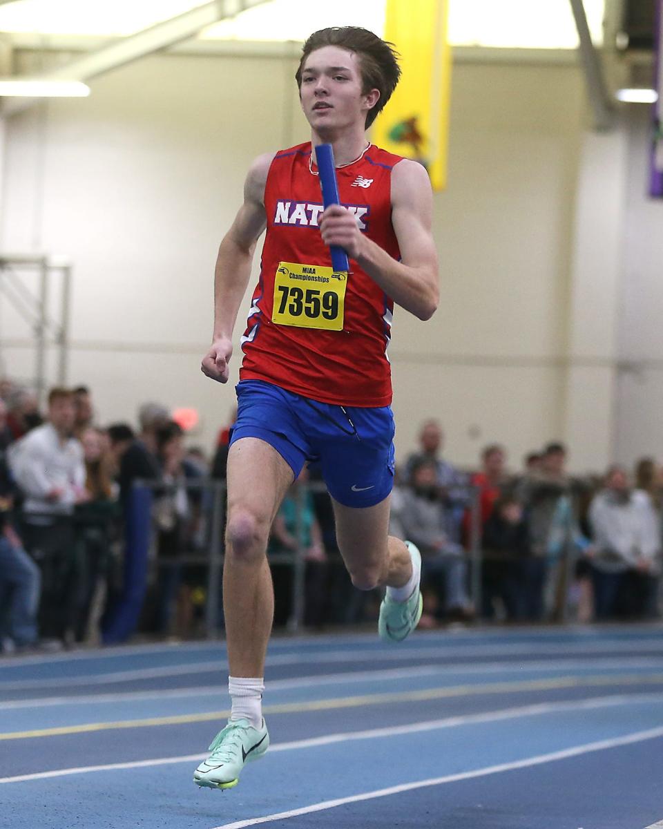 Natick’s Dylan Weddle competes in the 4X400 meter relay race at the MIAA Meet of Champions at the Reggie Lewis Track Center in Boston on Saturday, Feb. 25, 2023.
