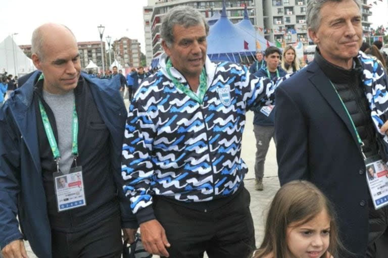 Horacio Rodríguez Larreta, Diógenes de Urquiza y Mauricio Macri, en los Juegos de la Juventud Buenos Aires 2018