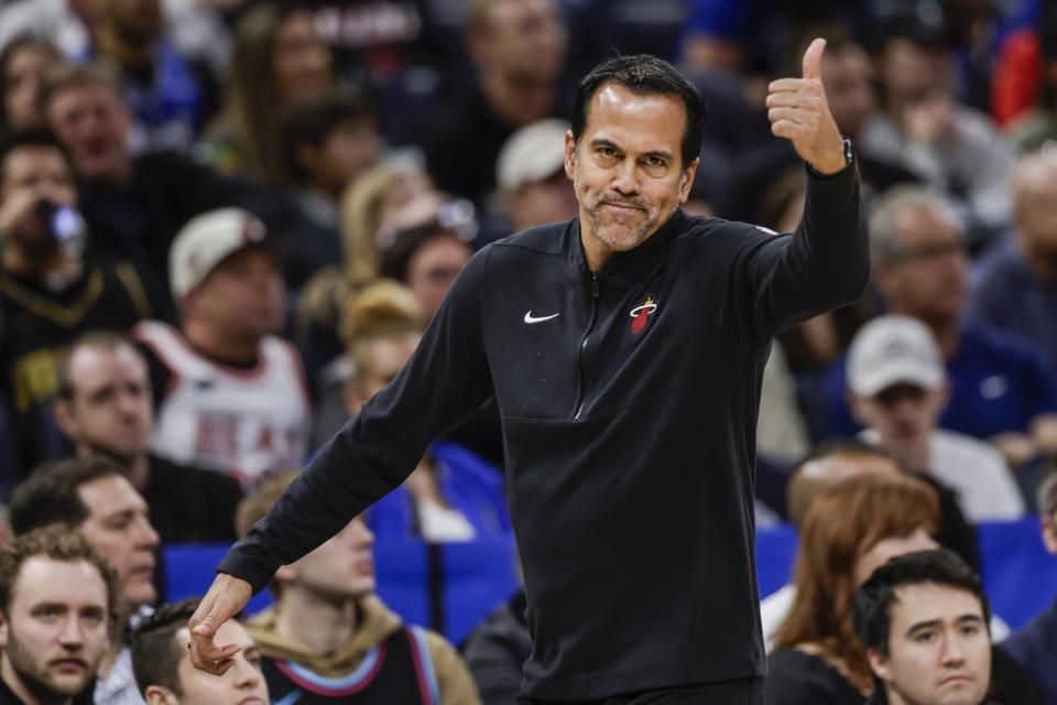 Miami Heat head coach Erik Spoelstra reacts as his team plays the Orlando Magic during the first half of an NBA basketball game, Wednesday, Dec. 20, 2023, in Orlando, Fla. (AP Photo/Kevin Kolczynski)