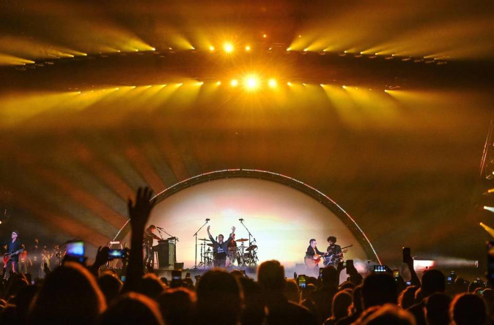 Rob Thomas of Matchbox Twenty gets the crowd energized while performing with the band at the Save Mart Center in Fresno during their Slow Dream tour on Wednesday, May 24, 2023.