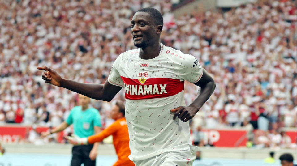 Serhou Guirassy celebrates scoring for Stuttgart.