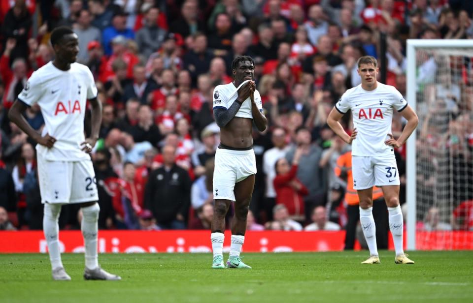 Yves Bissouma of Tottenham Hotspur looks dejected after Harvey Elliott scores for Liverpool (Getty Images)