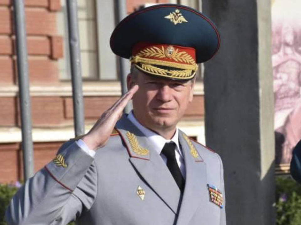 'BEST QUALITY AVAILABLE' - In this undated photo distributed by Russian Defense Ministry Press Service on Saturday, Aug. 28, 2021, Russian Lt. Gen. Yury Kuznetsov is seen during a military parade in a Russian military academy in Krasnodar, Russia,. The Investigative Committee, Russia's top law enforcement body, said in a statement Tuesday that chief of the ministry's main personnel directorate Lt. Gen. Yury Kuznetsov was arrested on the charges of bribery and placed in custody pending investigation and trial. (Russian Defense Ministry Press Service via AP)