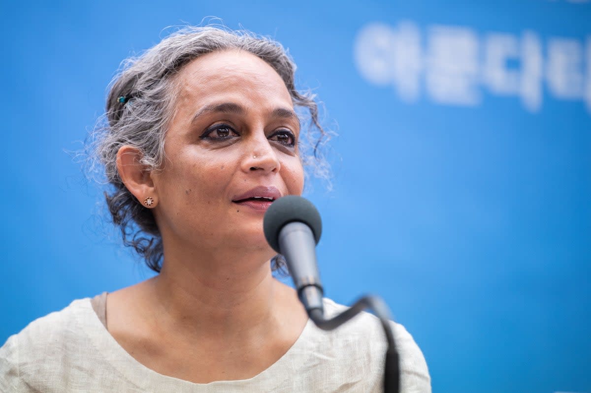File: Indian author Arundhati Roy, Grand Laureate for the 2020 Lee Hochul Literary Prize for Peace, speaks during a press conference in Seoul (AFP via Getty Images)