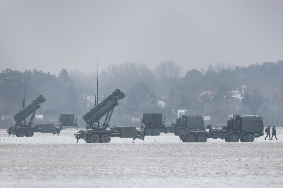 Patriot missile launchers acquired from the U.S. last year are seen deployed in Warsaw, Poland, Monday, Feb. 6, 2023. (AP Photo/Michal Dyjuk)