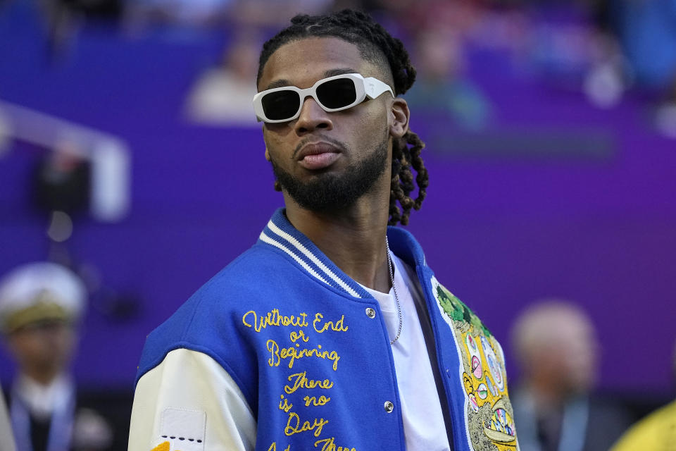 Buffalo Bills' Damar Hamlin walks on the field before the NFL Super Bowl 57 football game between the Kansas City Chiefs and the Philadelphia Eagles, Sunday, Feb. 12, 2023, in Glendale, Ariz. (AP Photo/Brynn Anderson)