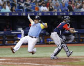 Tampa Bay Rays' Ji-Man Cho, left, slides past Boston Red Sox catcher Blake Swihart, right, to score during the third inning of a baseball game on Friday, Aug. 24, 2018, in St. Petersburg, Fla. (AP Photo/Scott Audette)