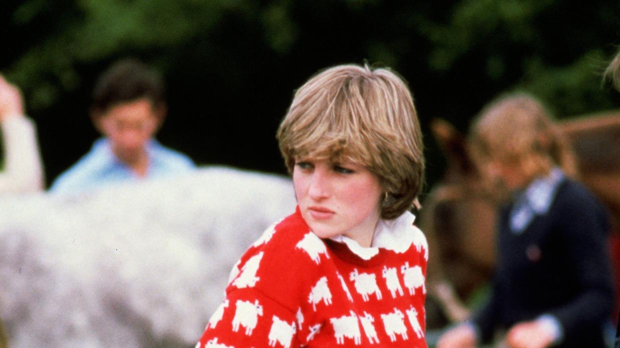 diana, princess of wales 1961 1997 wearing black sheep wool jumper by warm and wonderful muir osborne to windsor polo, june 1981 photo by tim graham photo library via getty images