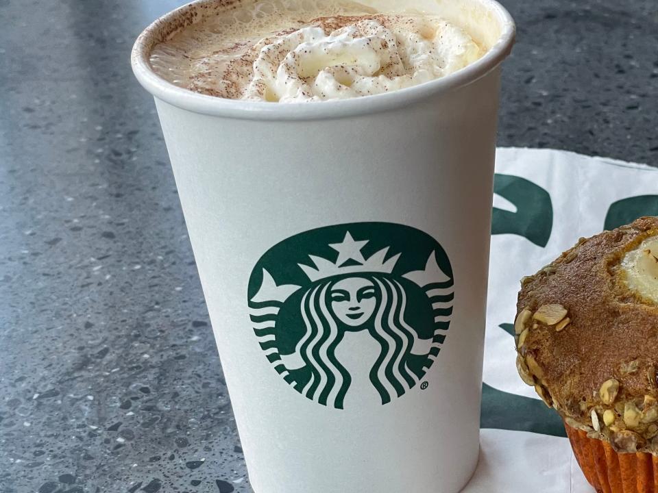 tall pumpkin spice latte and a pumpkin cream cheese muffin from starbucks