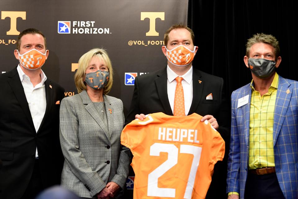 Donde Plowman was determined to make a fast hire for athletics director to keep the process from jumping the tracks. She turned around the hire of new athletics director Danny White in three days, and White hired football coach Josh Heupel within a week. White (from left), Plowman, Heupel and UT System President Randy Boyd gather after the press conference introducing Heupel on Jan. 27, 2021, at Neyland Stadium.