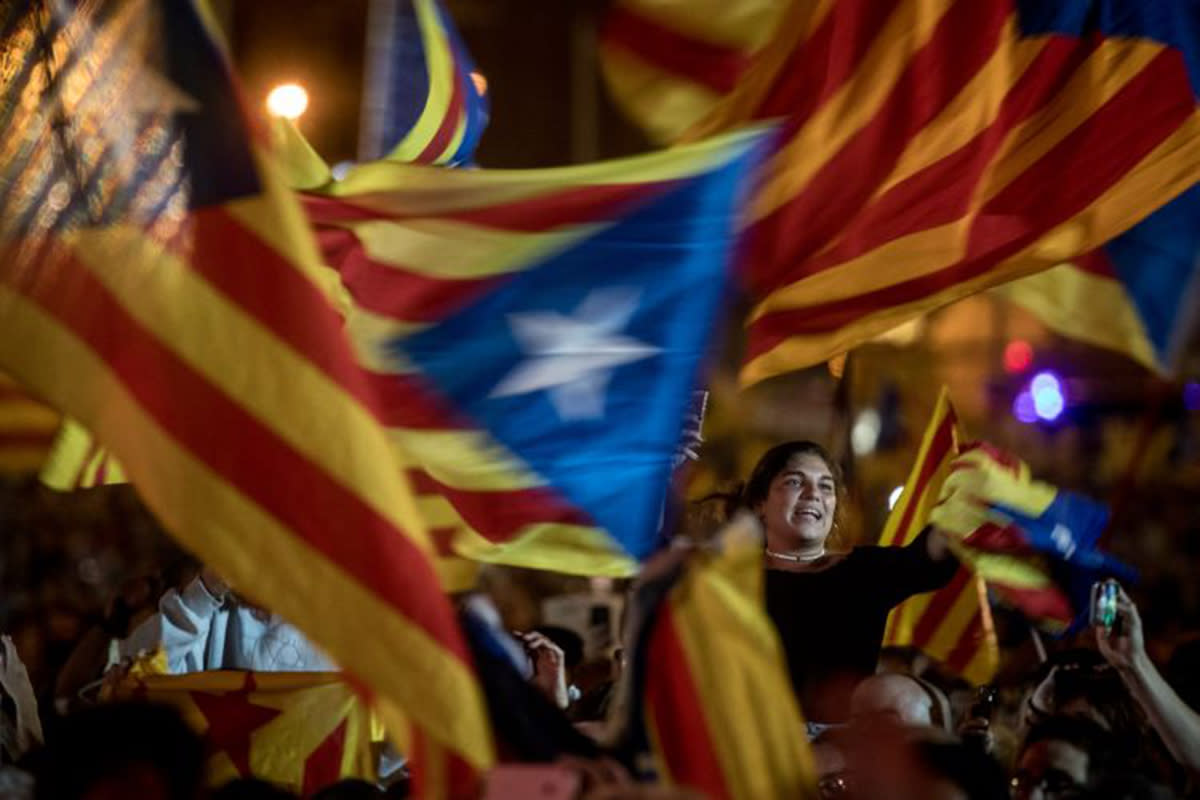 The crowd cheers at the final pro-independence rally in Barcelona before last Sunday’s referendum: Getty
