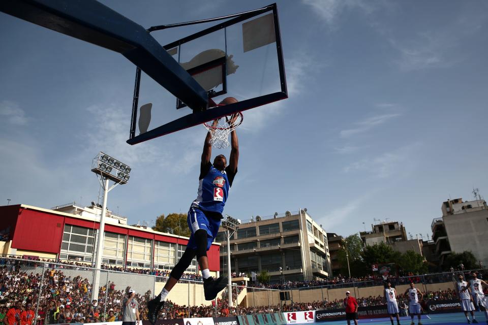 Giannis Antetokounmpo participates in a game of street ball in Athens, Greece, in 2016. The Antetokounbros Street Ball Event organized by Eurohoops and the city of Athens was watched by 5,000 people.