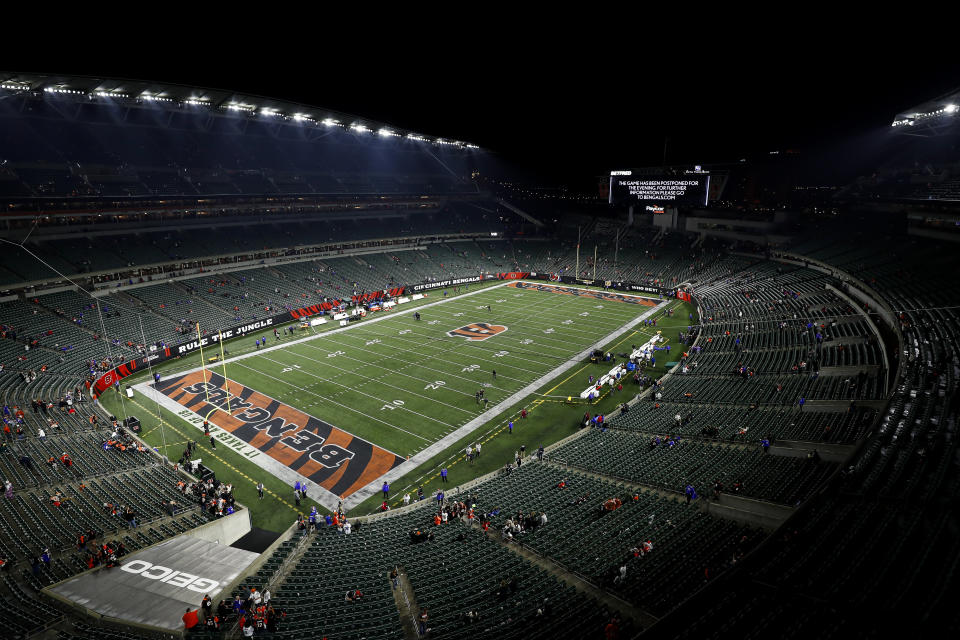 The Bills-Bengals game at Paycor Stadium on Monday night was suspended after Bills safety Damar Hamlin collapsed on the field. (Photo by Kevin Sabitus/Getty Images)