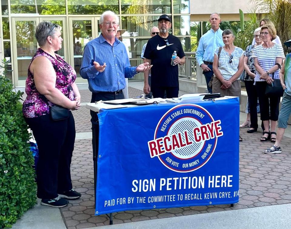 Jeff Gorder, spokesman for The Committee to Recall Kevin Crye, speaks in front of recall supporters before a Shasta County Board of Supervisors meeting on Tuesday, May 16, 2023.